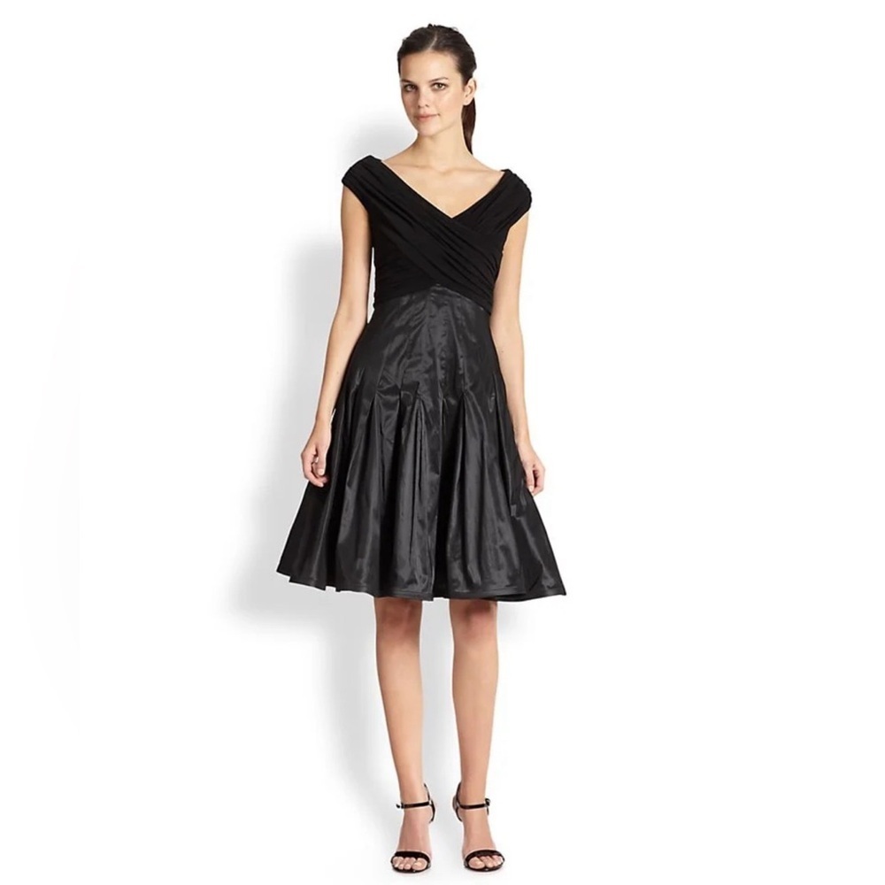Tadashi Shoji Women’s 10 Black Taffeta Fit and Flare VNeck Dress Dark Romantic